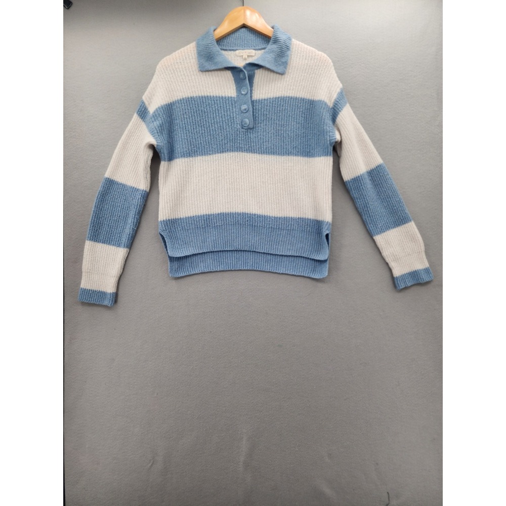 Ultra Flirt Women M Blue White Striped Polo Sweater Collared Knit High Low Top